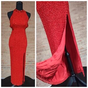 Cache | Elegant Red Sequin Halter Evening Gown